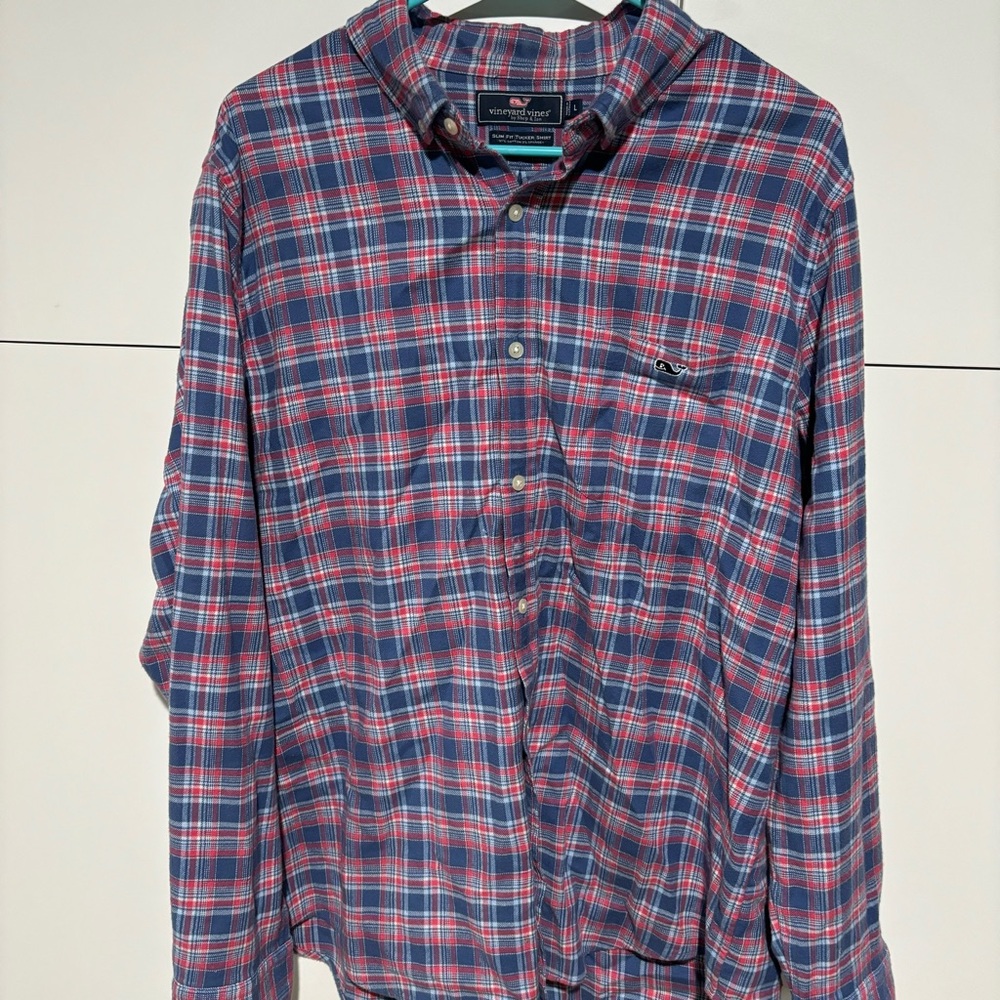 Vineyard Vines Mens Slim Fit Tucker Shirt Blue Red Plaid Preppy Button Long Slv